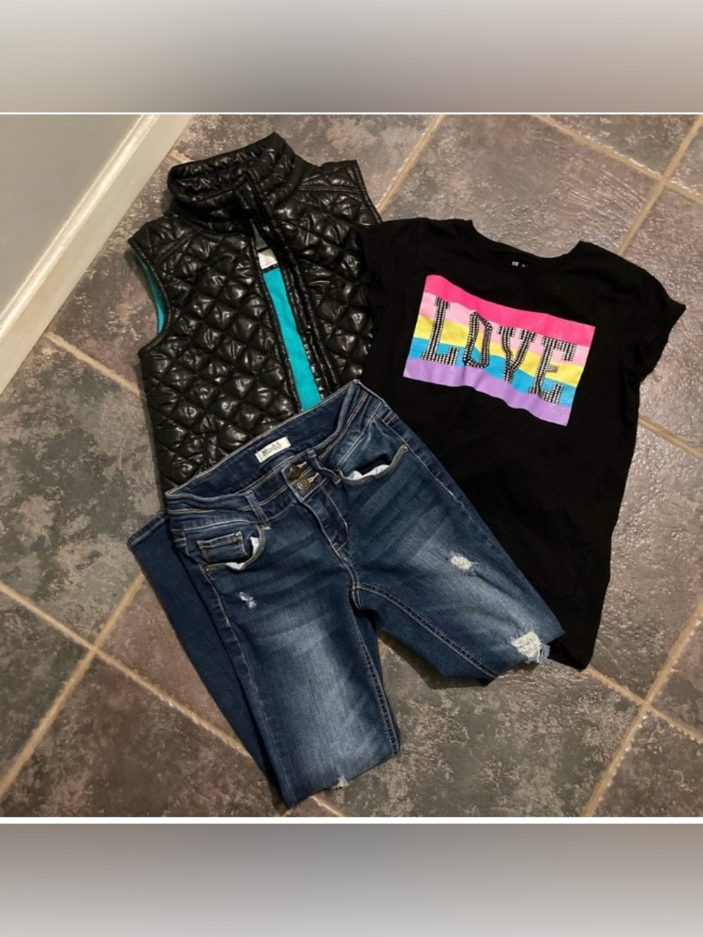 Girls Three Piece Jeans, T-Shirt and Vest Outfit Bundle Size 10